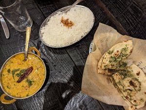 Daal, basmati, and garlic roti at Blue India in Atlanta