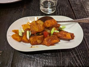 Yucca in garlic sauce at Blue India in Atlanta