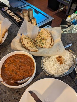 Vegan chicken tikka masala with garlic roti at Blue India in Atlanta