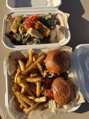 fried tofu rice bowl (vegan) & tofu sliders with truffle fries (vegetarian)   at Birdhaus Beer Garden in Union City