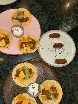 Vegan Carnita Tacos and Mushroom Truffle Croquettes   at A Vocados Ferran in Barcelona