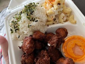 Island fried chicken, rice & Mac salad - yummmm!  at Lucky Catsu - Take Out Kitchen in Los Angeles