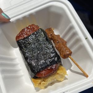 spam and egg musubi and a dollar hit  at Lucky Catsu - Take Out Kitchen in Los Angeles