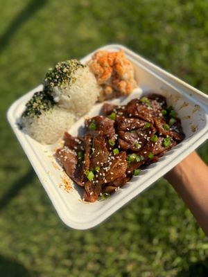 KBBQ Beef Bulgogi Plate (All Vegan) at Lucky Catsu - Take Out Kitchen in Los Angeles