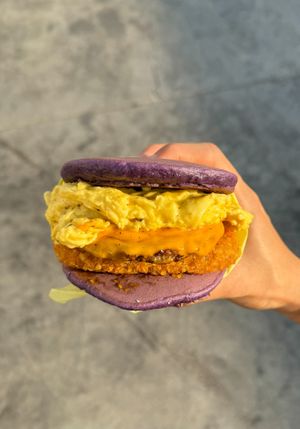 Ube Hotcake Breakfast Sandwich (All Vegan) at Lucky Catsu - Take Out Kitchen in Los Angeles