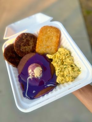 Ube Hotcake Breakfast Plate (All Vegan) at Lucky Catsu - Take Out Kitchen in Los Angeles