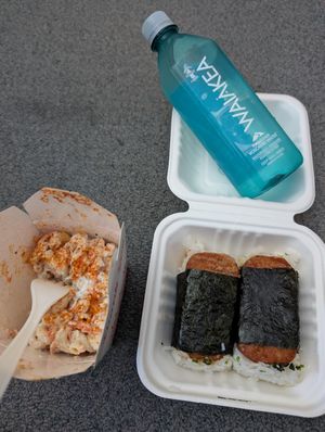 Mac salad and masubi at Lucky Catsu - Take Out Kitchen in Los Angeles