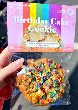 Birthday Cake Cookie with real strawberries in the batter at Juicy Cookie Company in Oakland
