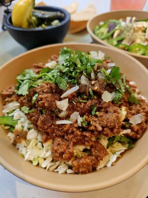 Impossible Asada Bowl (vegan). It was ok. at Mas Taco Bar in Sacramento