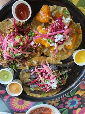 Cauliflower, BBQ portabella, and Tofu tacos  at Mexican Fiesta Taqueria in Mount Kisco