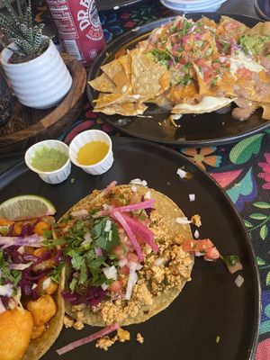 Vegan Tofu and Cauliflower Taco and vegan nachos!  at Mexican Fiesta Taqueria in Mount Kisco