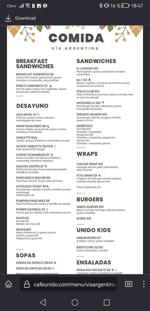 Menu Part 1 at Cafe Unido - Via Argentina in Panama City