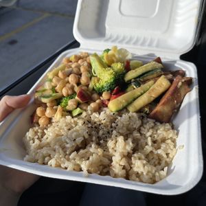 miso tofu, broccoli, chickpea salad and brown rice  at Kinoko Deli in Hobart