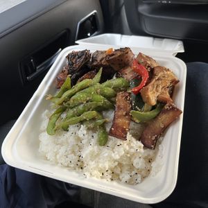 miso tofu, sweet potato, edamame and white rice  at Kinoko Deli in Hobart