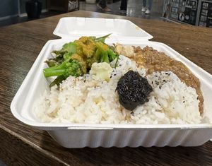 Medium size bento, I had the tofu with edamame and broccoli. The sauce on the rice is a seaweed sauce  at Kinoko Deli in Hobart