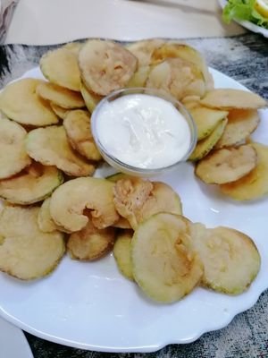 Courgette 'crisps' (avoid the dip) at U Dima Restaurant Sozopol in Burgas