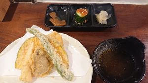 Set menu sides (veggy tempura, pickled radish, cucumber and? [already tried the brown one]) at Hoshina 穗科 - Da'an District in Taipei