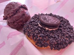 Oreo cookie doughnut with dark chocolate ice-cream at The Scoop Company in Warlingham