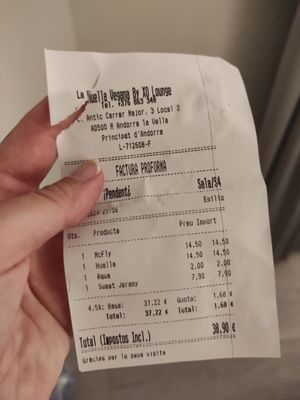 Receipt at La Huella Vegana - ES Visuals in Andorra La Vella