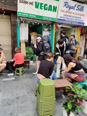 As you can see, the owner has a stack of seats now. at Bánh Mì chay Vegan in Hanoi