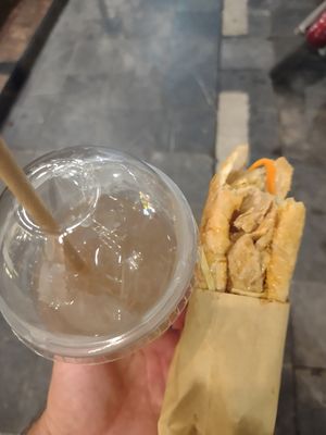 Combo bahn mi and ginger tea at Bánh Mì chay Vegan in Hanoi