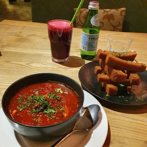 Borsch with mushrooms and prunes, with garlic croutons at Avocado Cafe - Tverskaja in Moscow