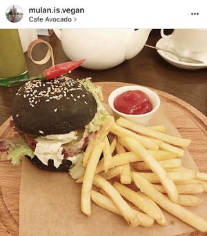 Delicious seitan burger and chips! at Avocado Cafe - Tverskaja in Moscow