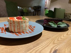 mango and passion fruit mousse + blueberry cheesecake  at Avocado Cafe - Tverskaja in Moscow