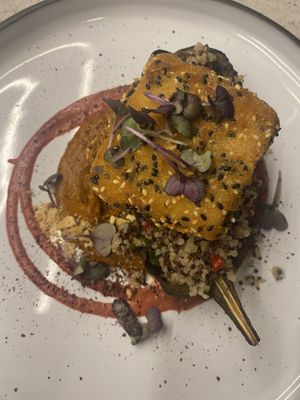Roasted aubergine with muhammara, quinoa and crispy sesame tofu   at One80  in Valletta