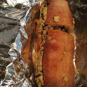 Egg bacon and cheese cibatta bread (advertised as muffin) at Blossom Du Jour - Midtown in New York City