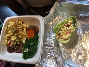 Breakfast bowl and tofu breakfast sandwich on a spinach wrap (both are half gone!) at Blossom Du Jour - Midtown in New York City