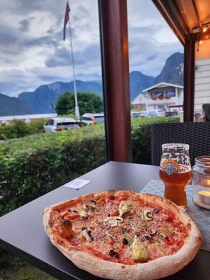 Delicious fermented crust veggie pizza with vegan cheese at Vangsgaarden Gjestgiveri in Aurland