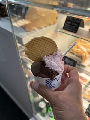 Vegan Strawberry and Vegan Dark Chocolate. The Croffle is perhaps not vegann  at Mizzica Gelateria & Cafe in Toronto