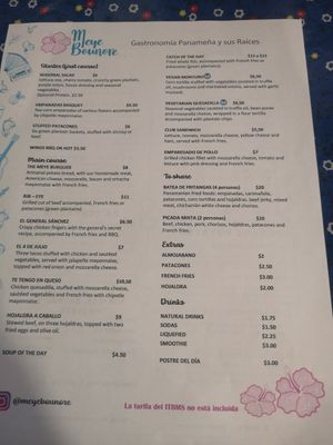 Menu at Meye Bounore in Bajo Boquete