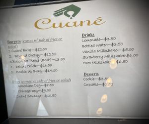 The menu  at Cuane in Michigan City