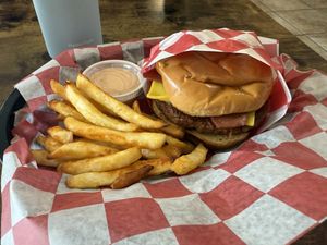 Bacon me Please with fries (I didn’t get onion, lettuce, tomato or sauce - my own choice).  Delicious!  at Cuane in Michigan City
