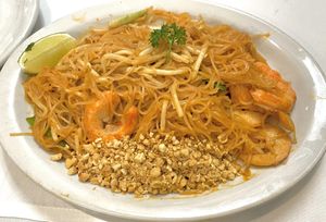 Pad Thai with veggie shrimp  at Buatong - Thai Vegan Restaurant in Fresno