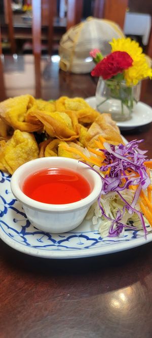 Pork wontons, dipping sauce amazing on the shrimp.  at Buatong - Thai Vegan Restaurant in Fresno