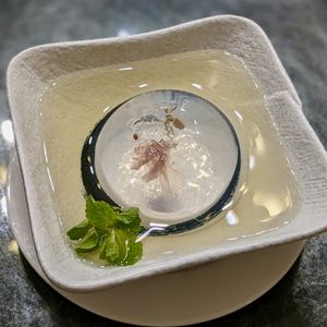 Vegan Japanese Kanten Jelly with Sakura Blossoms in Plum Vinegar at Mother Earth Classic - 大地之素 in Central Singapore