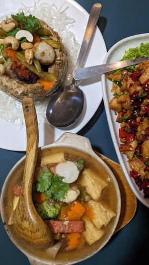 Vegan Kyoto Pork Ribs with Lychee Crispy Yam Ring, Claypot Tofu in Teochew Style, Sichuan Style Spicy Monkeyhead Mushrooms at Mother Earth Classic - 大地之素 in Central Singapore