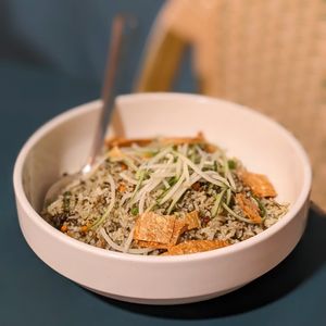 Vegan Wok-Fried Olive Fried Rice with French Bean & Minced Omni Meat at Mother Earth Classic - 大地之素 in Central Singapore