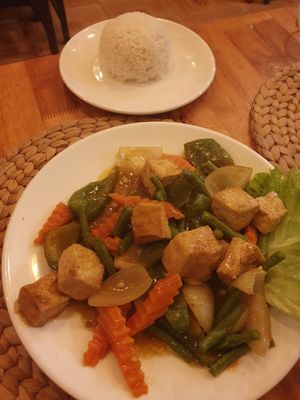 Fried lemongrass tofu with rice at Nick Restaurant in Siem Reap