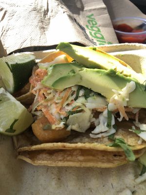 fish tacos (2) I already ate one. at Veggie Grill by Next Level - Santana Row in San Jose