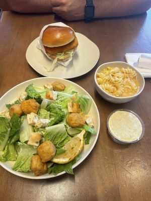 Mac and cheese, Buffalo chicken sandwich and Romain Caesar salad   at Veggie Grill by Next Level - Santana Row in San Jose