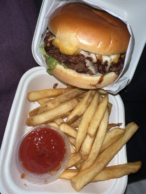 double BBQ mac and cheese burger with fries  at Veggie Grill by Next Level - Santana Row in San Jose