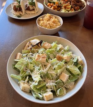Vegan Caesar Salad with a creamy Mac and Cheese 🤤  at Veggie Grill by Next Level - Santana Row in San Jose