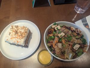 Carrot cake and tofu & super Greens salad at Veggie Grill by Next Level - Santana Row in San Jose