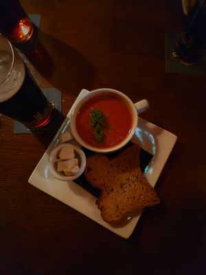 traditional tomato soup and vegan steak at Matt The Millers Bar & Restaurant in Kilkenny