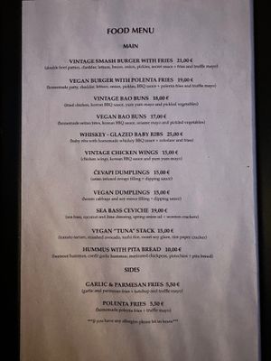 Menu at Vintage Bar in Hvar
