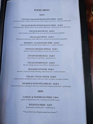 May 2025 menu at Vintage Bar in Hvar